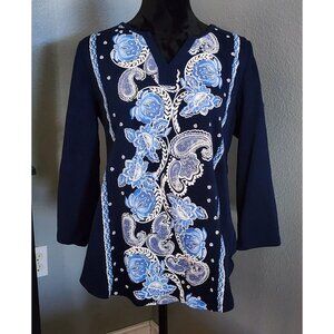 Kim Rogers Womens XL Navy Blue Paisley Floral Top 3/4 Sleeve V-Neck Cotton